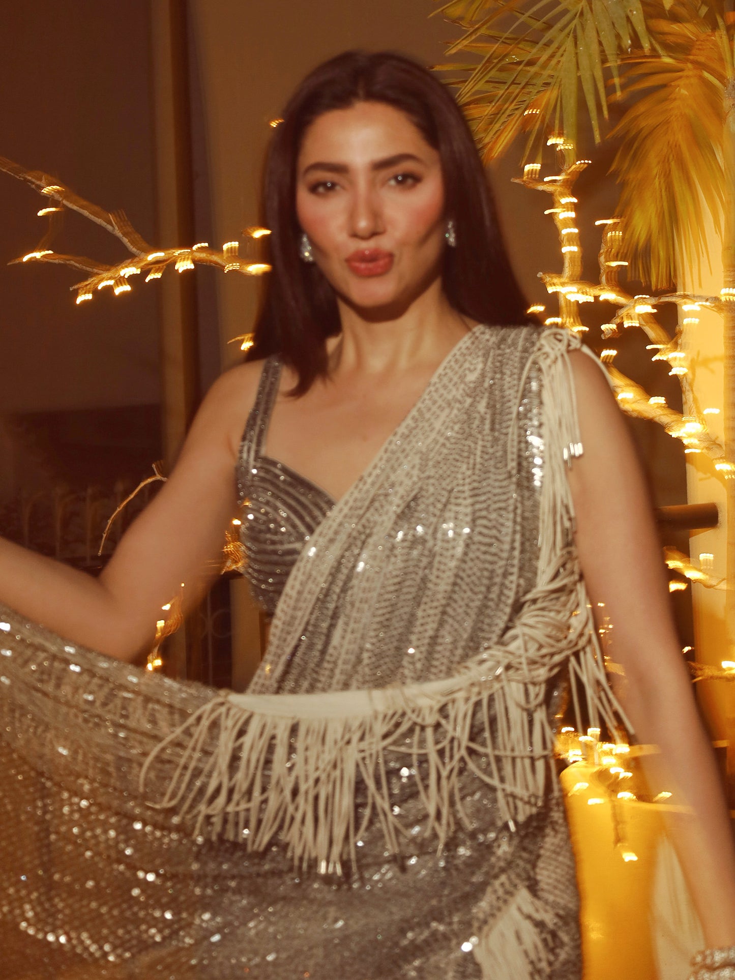 Mahira Khan In Draped Saree With Metallic Fringes