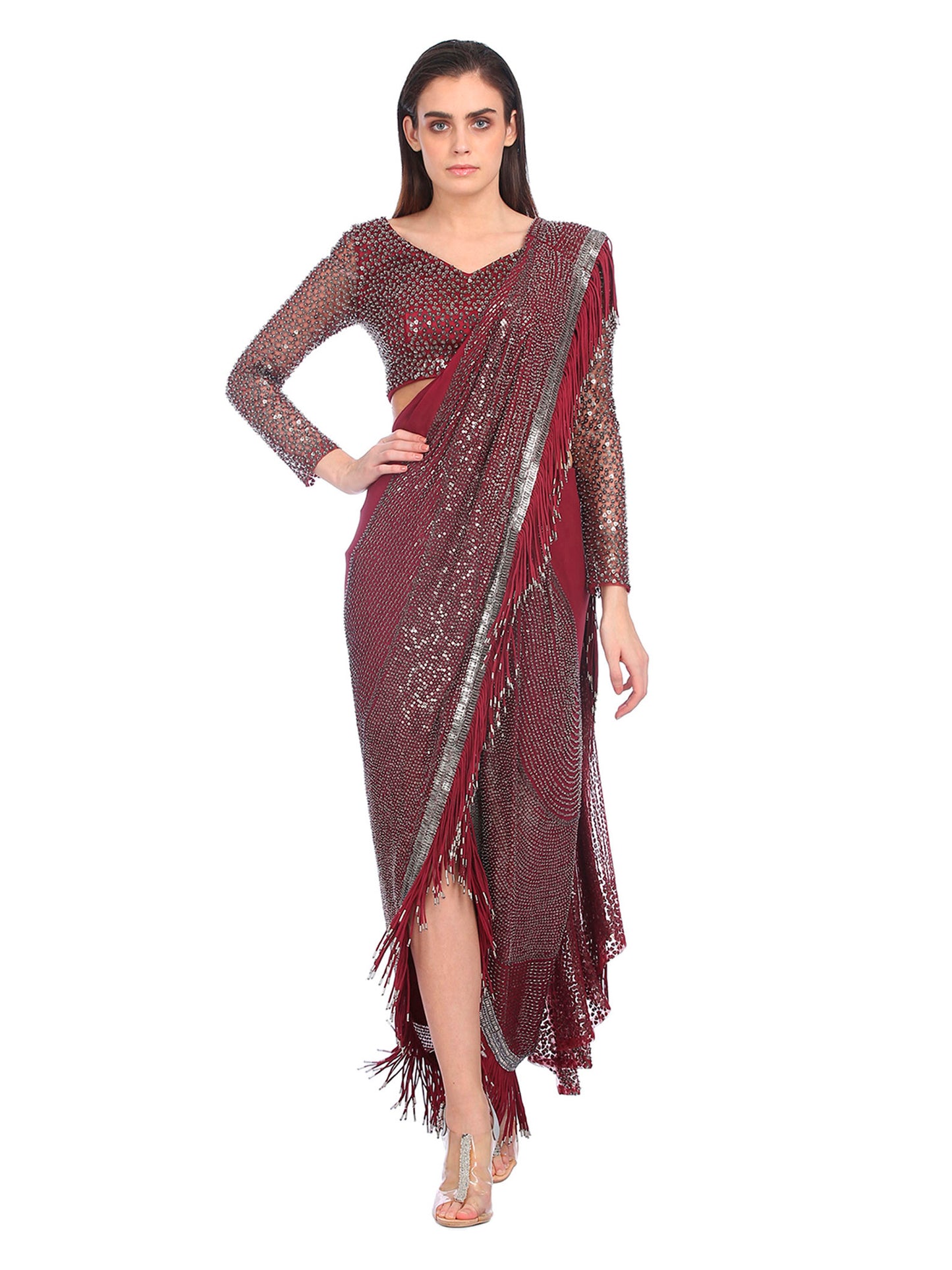 Draped Saree With Metallic Fringes