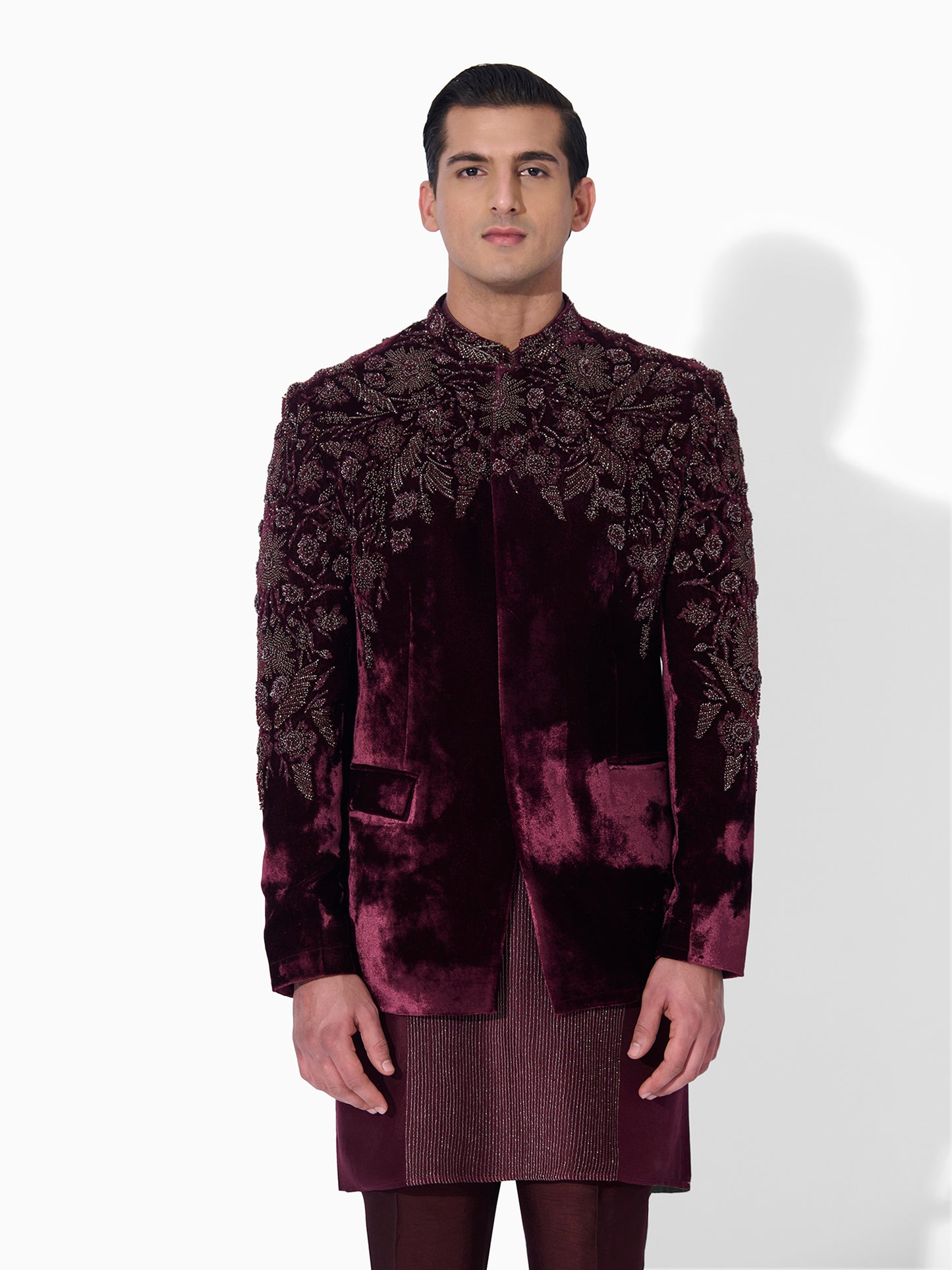 Berry Maroon Velvet Embroidered Bandhgala Set