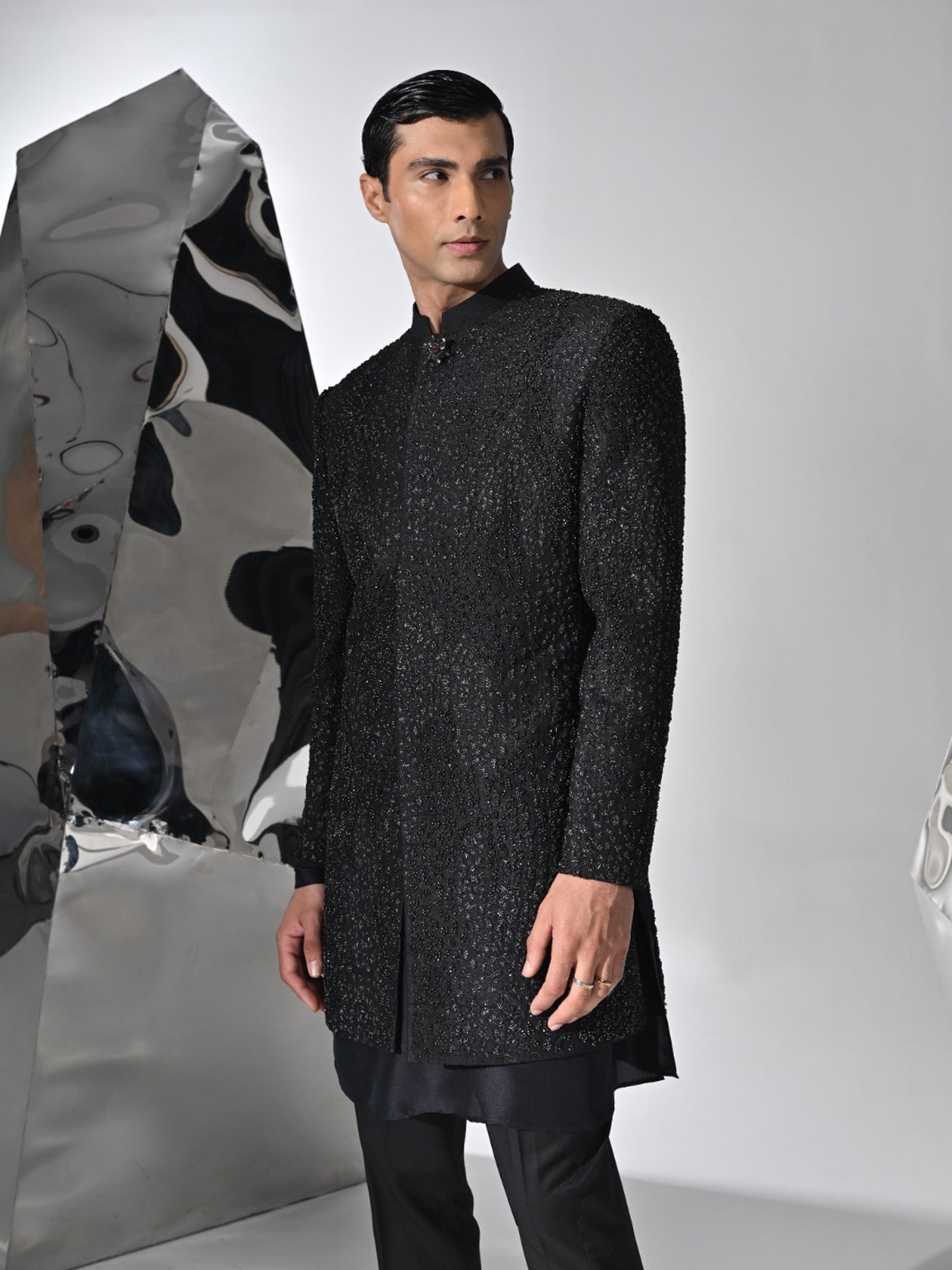 Black Embellished Sherwani Set