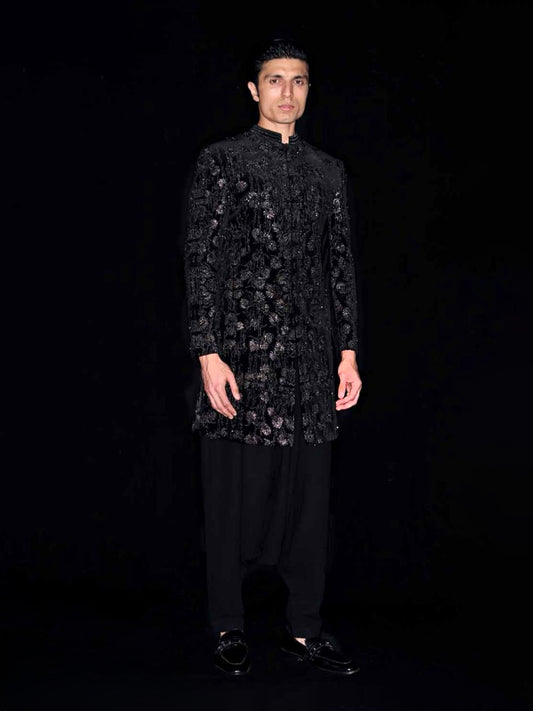 Black Embellished Sherwani Set