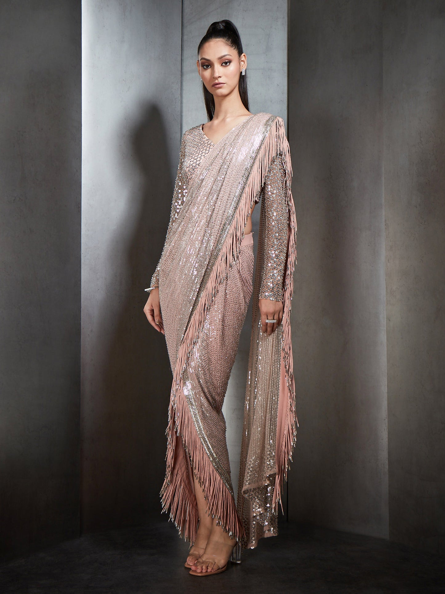 Draped Saree With Metallic Fringes