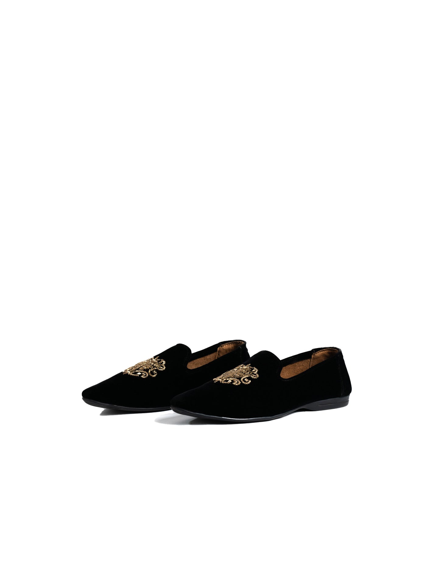 Black Velvet Loafers With Gold Embroidery