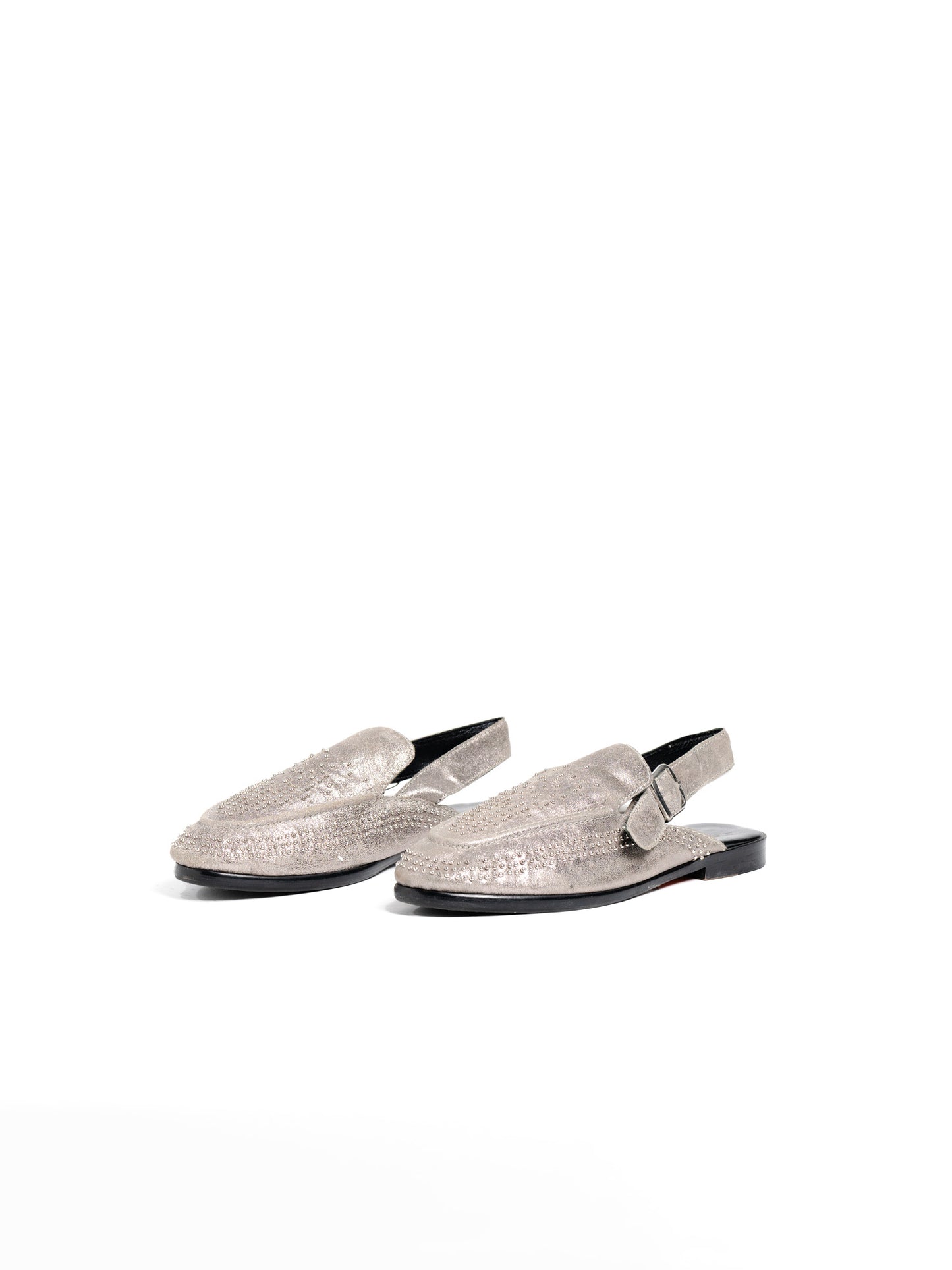 Metallic Silver Loafers With Studded Detailing