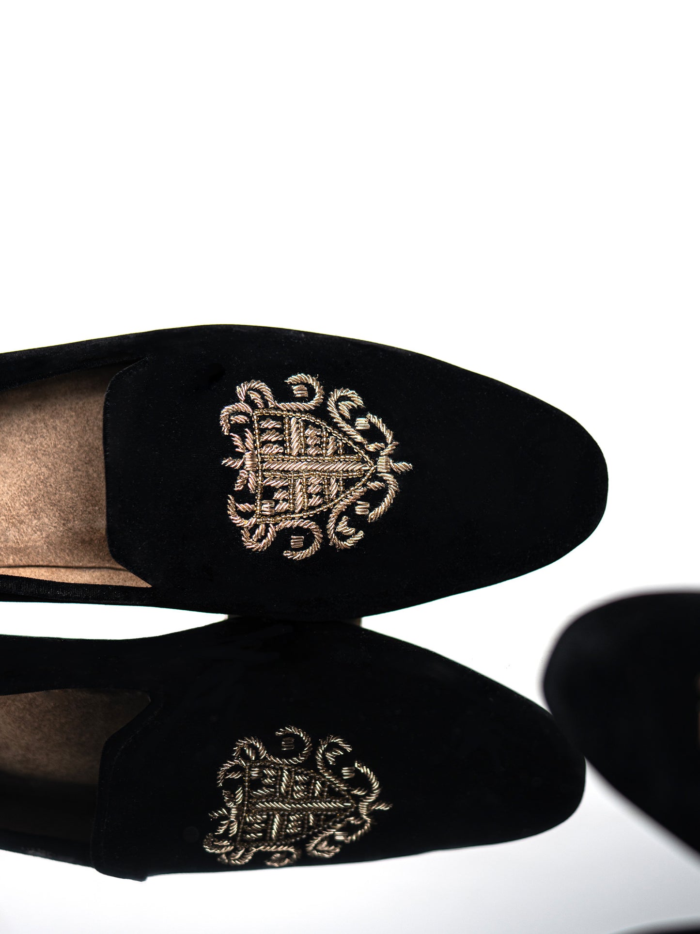 Black Velvet Loafers With Gold Embroidery