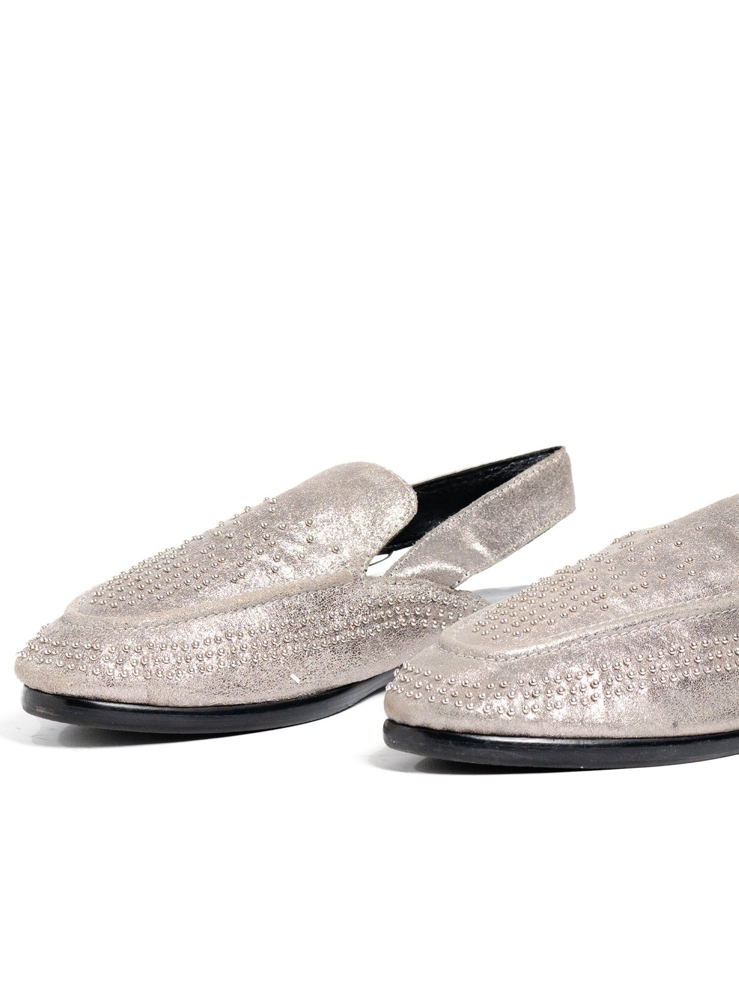 Metallic Silver Loafers With Studded Detailing