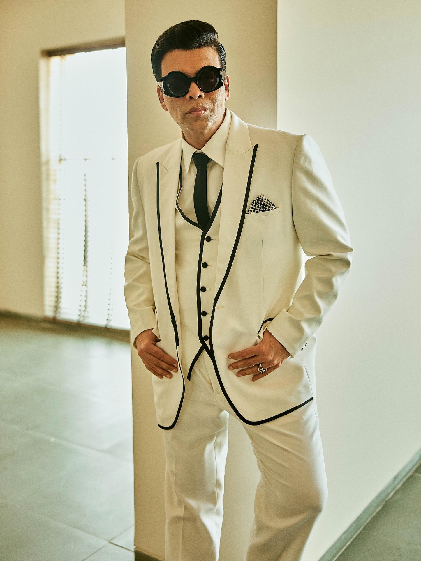 Karan Johar In Ebony-Edged Frost Tuxedo