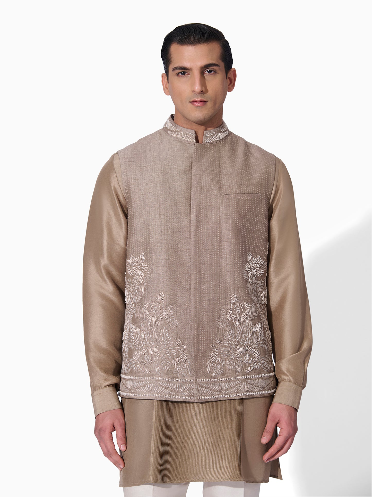 Taupe Embroidered Short Bundi Set