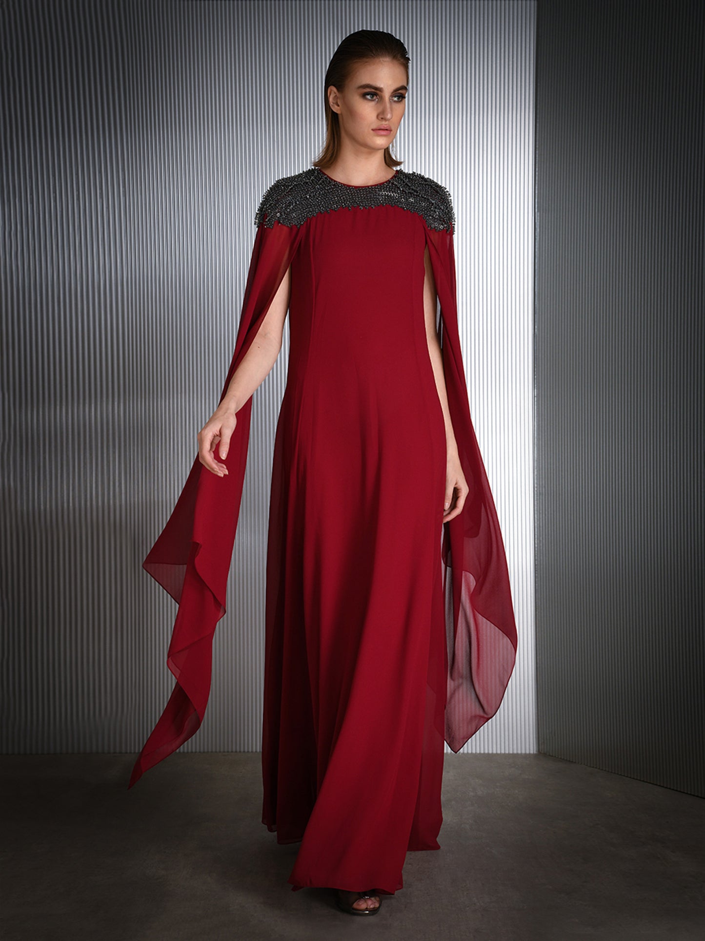Embroidered Long Kaftan With Cape Sleeves