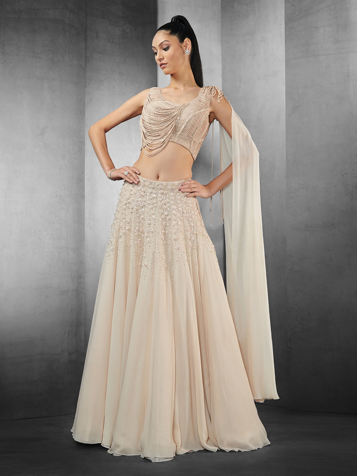 Peach Silk Handwork Party-Wear Stylish Lehenga Saree With Attached Dupatta