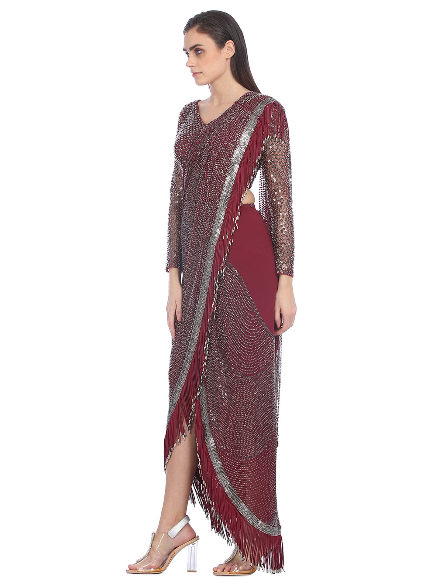 Draped Saree With Metallic Fringes