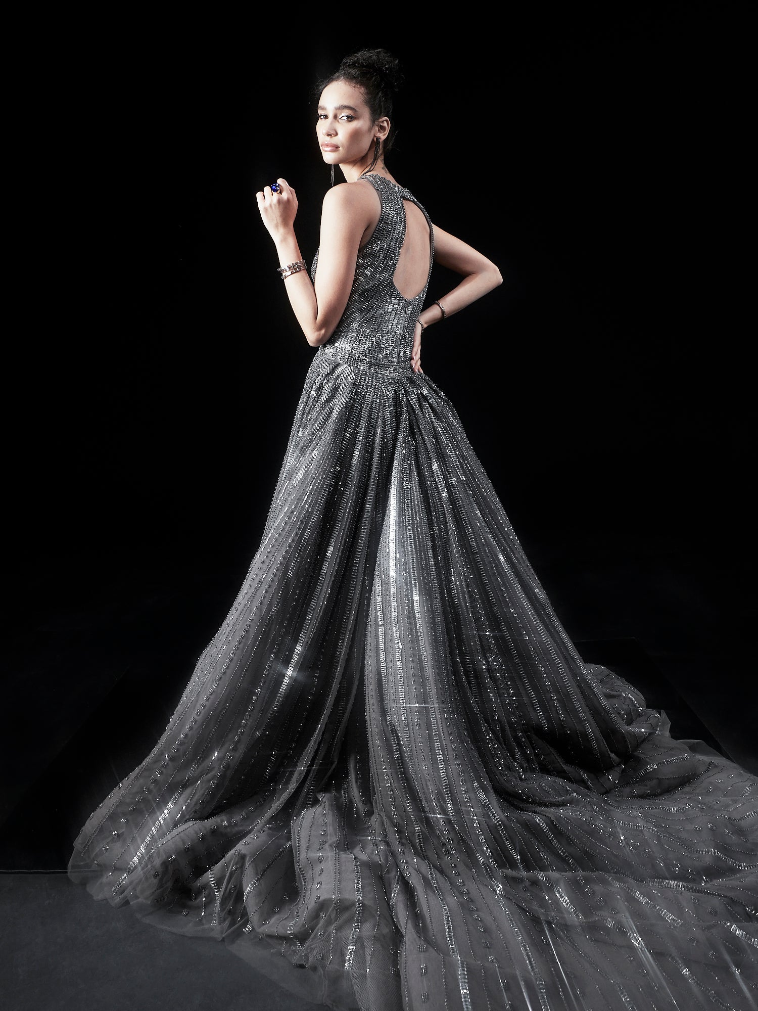 Metallic silver sale evening gown