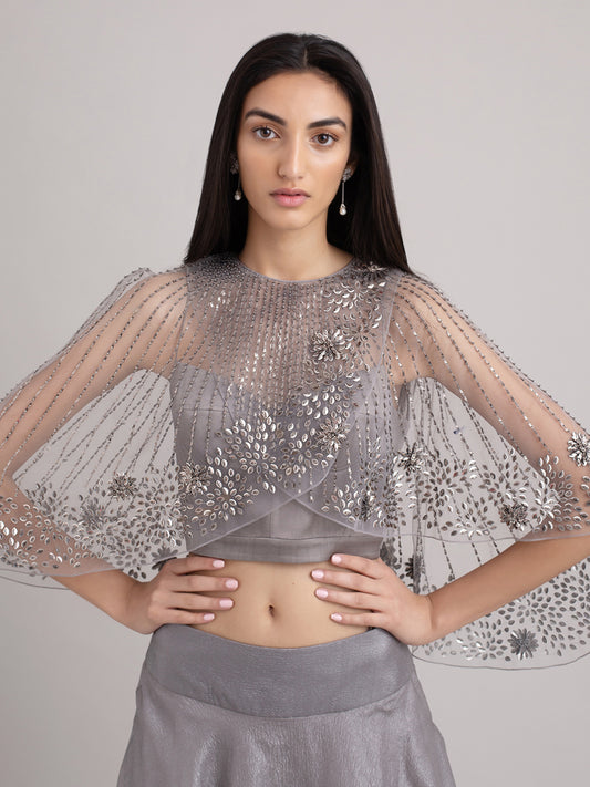 Metallic Embroidered Cape With Skirt Set